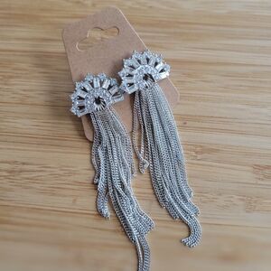 Stunning Silver Tone Cubic Zirconia Tassel Statement Earrings